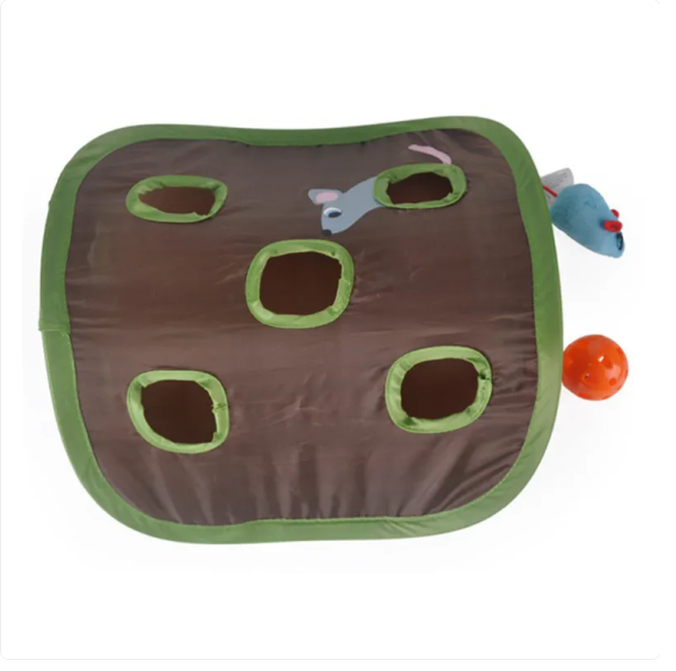 Green cat play tent set up in a room, showcasing its compact, collapsible design and toys.