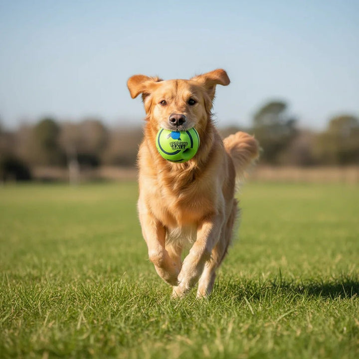 Robust green interactive dog toy ball, excellent for training and stimulating playtime