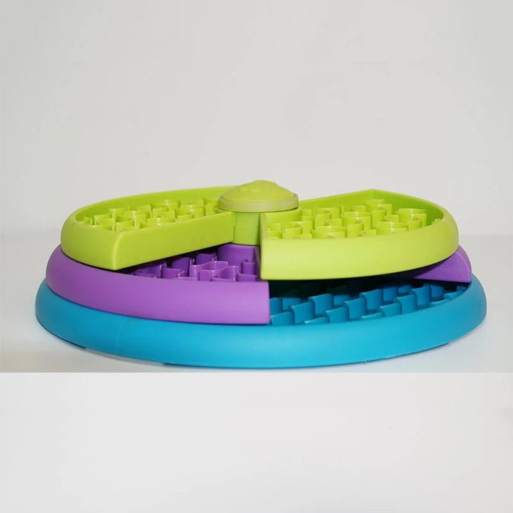 Close-up of a blue pet slow feeder bowl, promoting cognitive development and reducing gulping for dogs