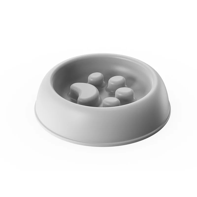Collection of colorful paw print slow feeder pet bowls, various sizes, non-slip design