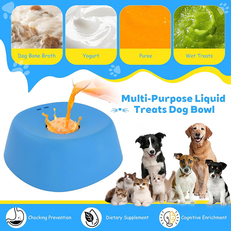 Senior dog enjoying a liquid treat on a green slow feeder lick bowl with ball