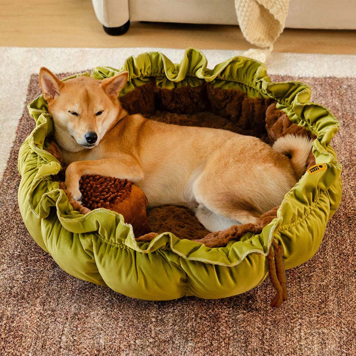 Green plush dog bed, adjustable, calming nest for small to medium pets, comfort.