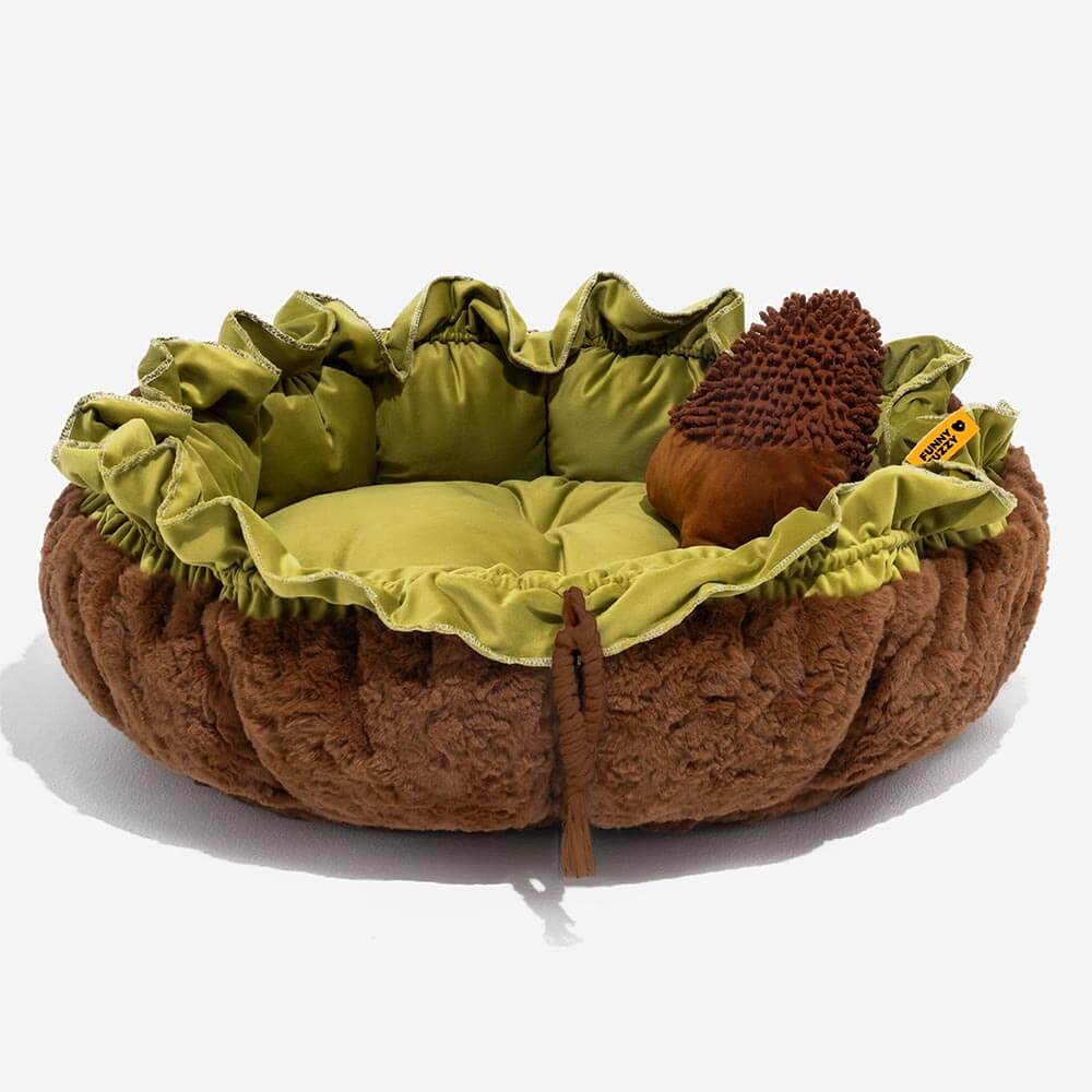 Calming green plush dog bed, adjustable support pet nest for restful sleep.