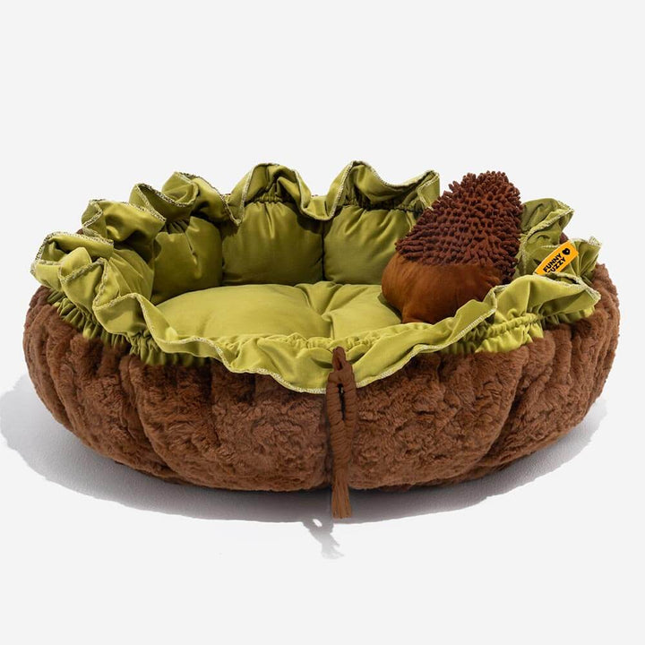Calming green plush dog bed, adjustable support pet nest for restful sleep.