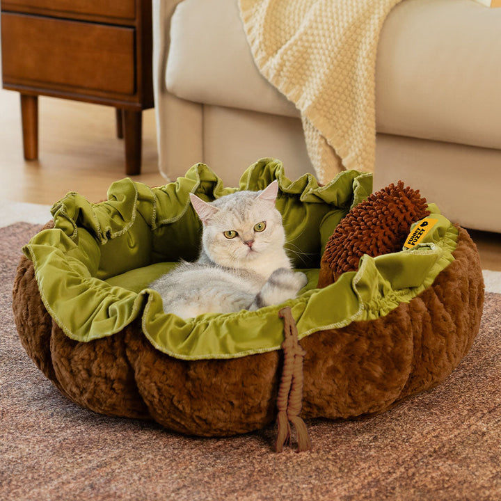 Calming plush green dog bed, adjustable rim for ultimate pet relaxation.