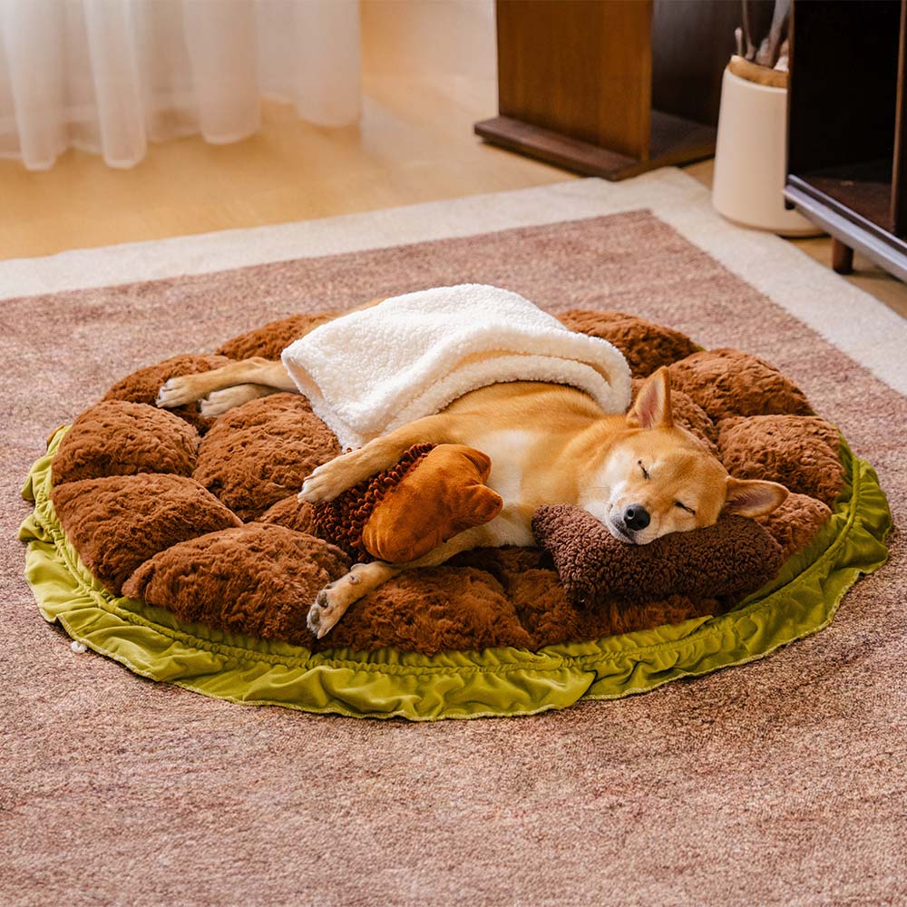 Blue plush dog bed with adjustable design, a comforting and calming pet nest.