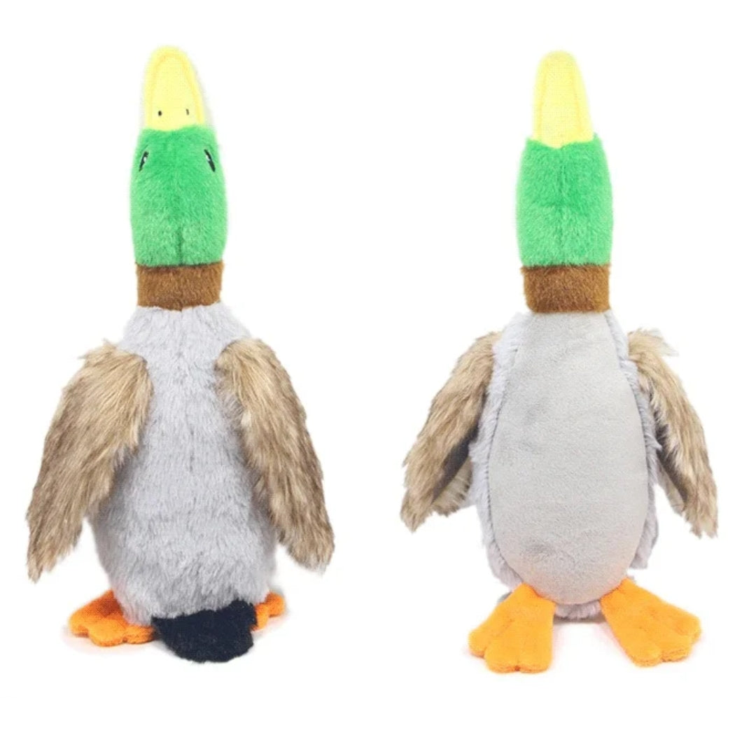 Green duck-shaped squeaky plush dog toy, designed for dental plaque removal & chew satisfaction