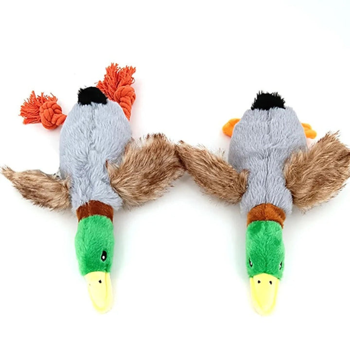 Durable green fleece duck dog toy with squeaker, perfect for dental health & active chewers