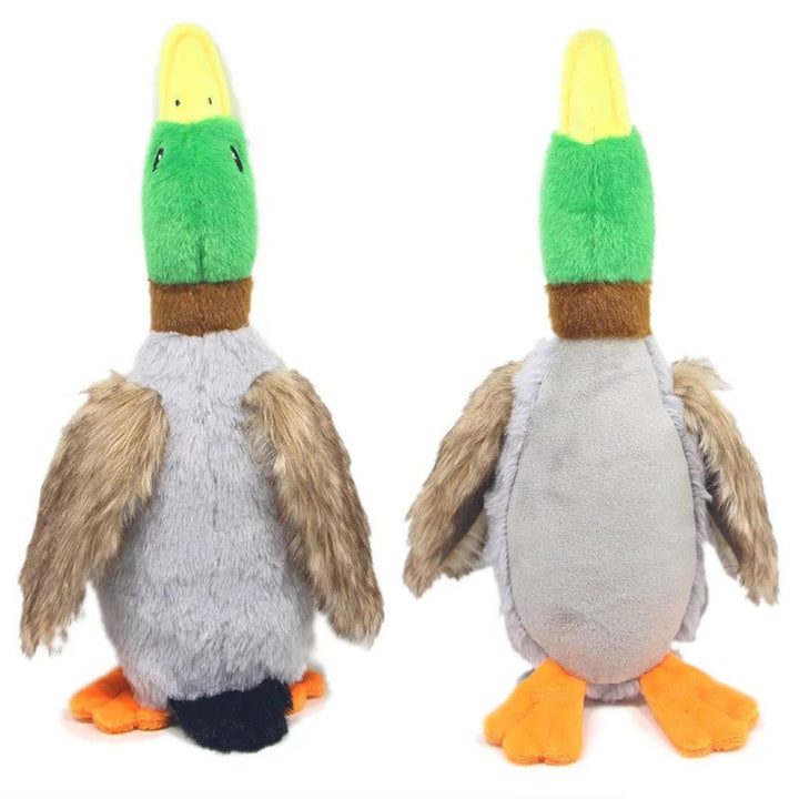 Pet supplies: durable green plush duck chew toy with squeaker, effective for canine dental cleaning