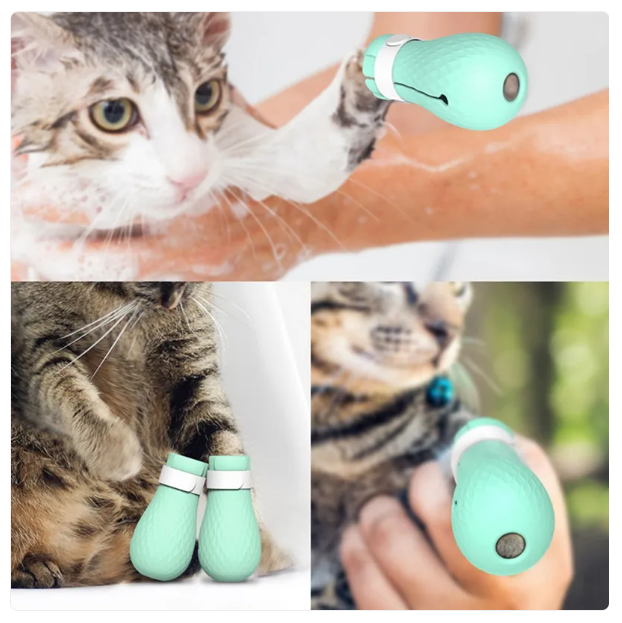 Green silicone cat paw protector caps for grooming and scratch prevention, enhancing feline comfort.
