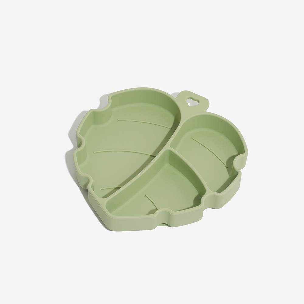 Yellow eco-friendly silicone pet bowl with leaf design and strong suction cup