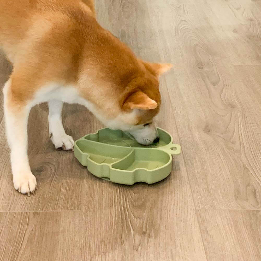 Unisex pet bowl, silicone leaf design, suction cup, prevents spills for dog feeding