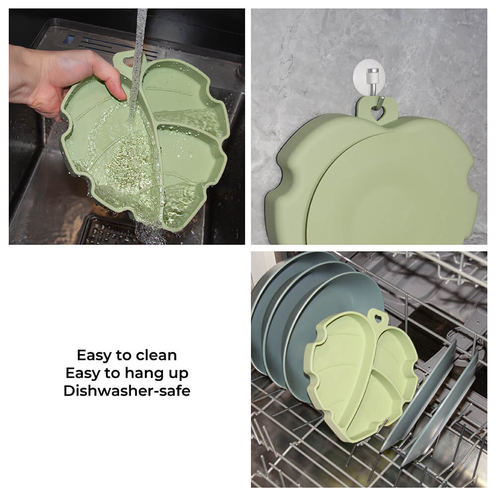 Durable silicone pet bowl, green leaf shape & suction cup, non-slip for dog food