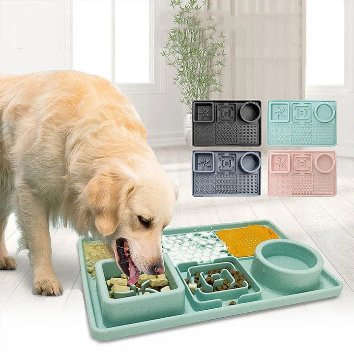 Close-up of a blue slow feeder dog bowl with maze pattern and textured licking mat for cats
