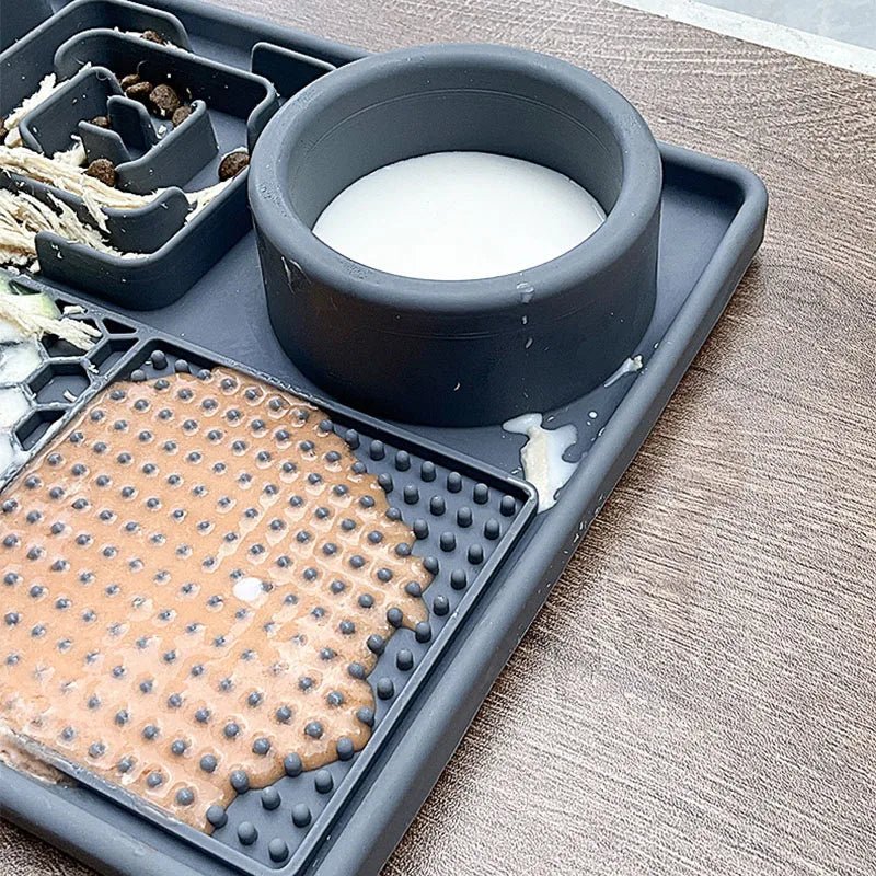 Pet slow feeder bowl with suction cups and silicone licking mat promoting healthy eating habits