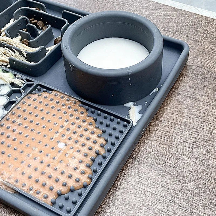 Pet slow feeder bowl with suction cups and silicone licking mat promoting healthy eating habits