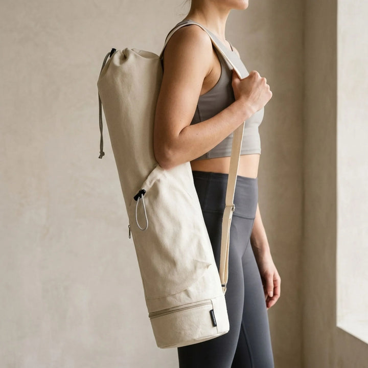 Green women's cylindrical yoga mat carrier bag for fitness, hands-free transport to gym or studio.