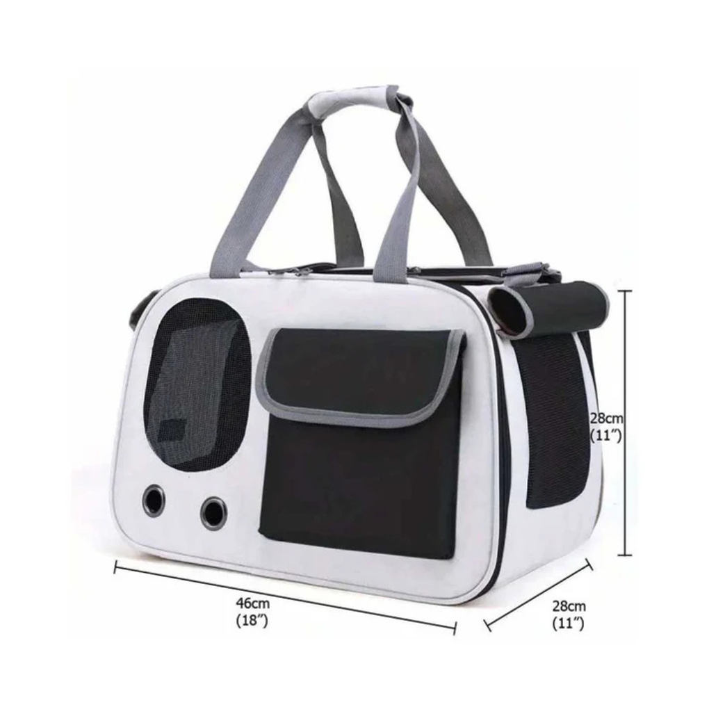 Unisex portable pet travel bag in a neutral color, suitable for small pets, shown with side opening.