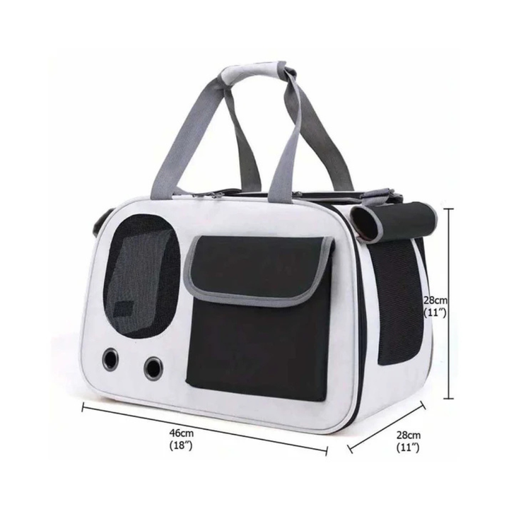 Unisex portable pet travel bag in a neutral color, suitable for small pets, shown with side opening.