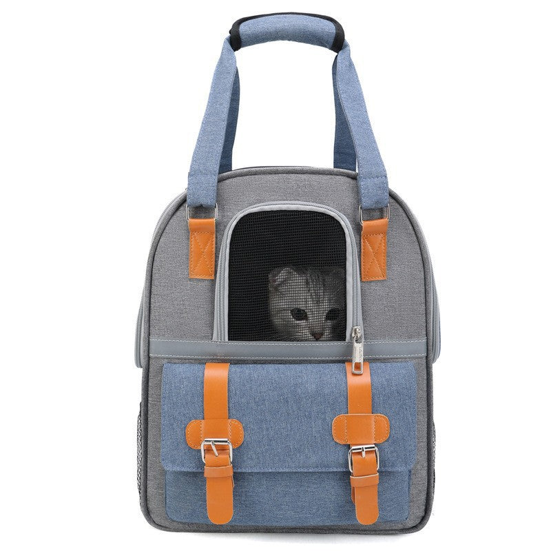 Set of different colored cat pet carrier bags (grey, black, blue) suitable for car travel