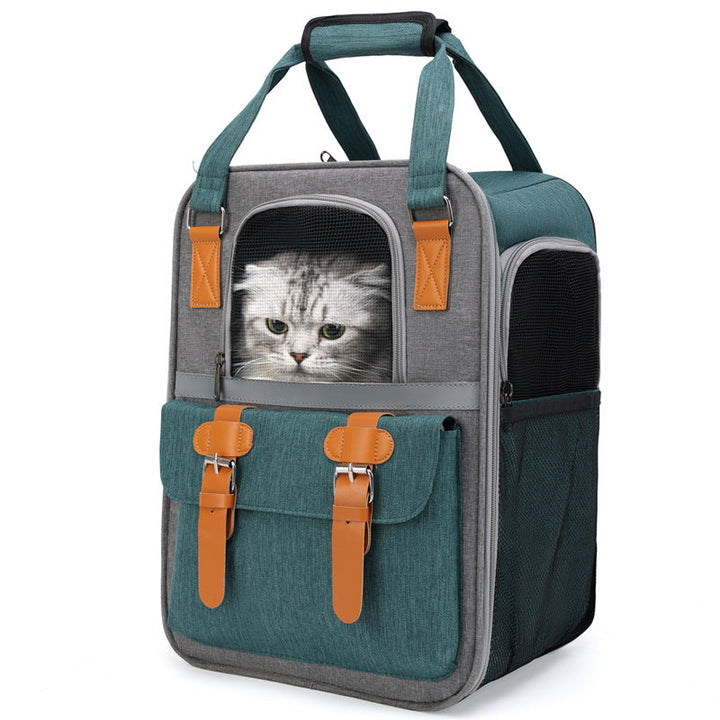 Open top of a cat travel bag, showing spacious interior for comfortable pet car travel