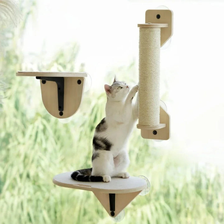 Multi-functional cat window bed with sisal scratching post and soft lounging hammock for pets