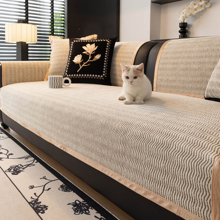Full view of a brown chenille sofa cover, offering non-slip pet protection and durable furniture decor.