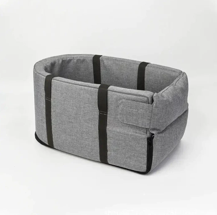 Grey dog car seat, a safe pet travel accessory for small to medium dogs in vehicles