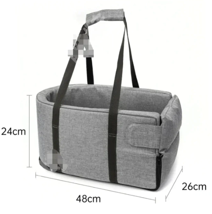 Close-up of a grey unisex pet safety car seat, showing comfortable design for dog travel