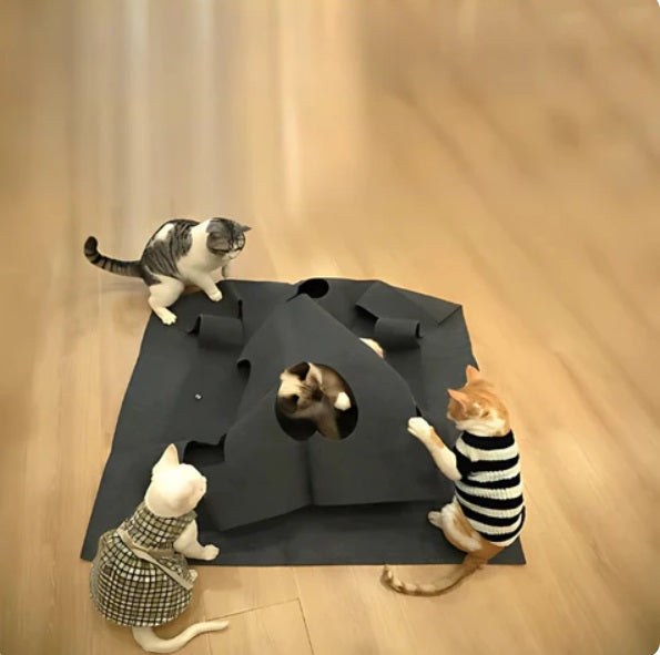 Grey felt pet play tunnel and hideaway mat, an interactive cat toy for feline enrichment and activity.