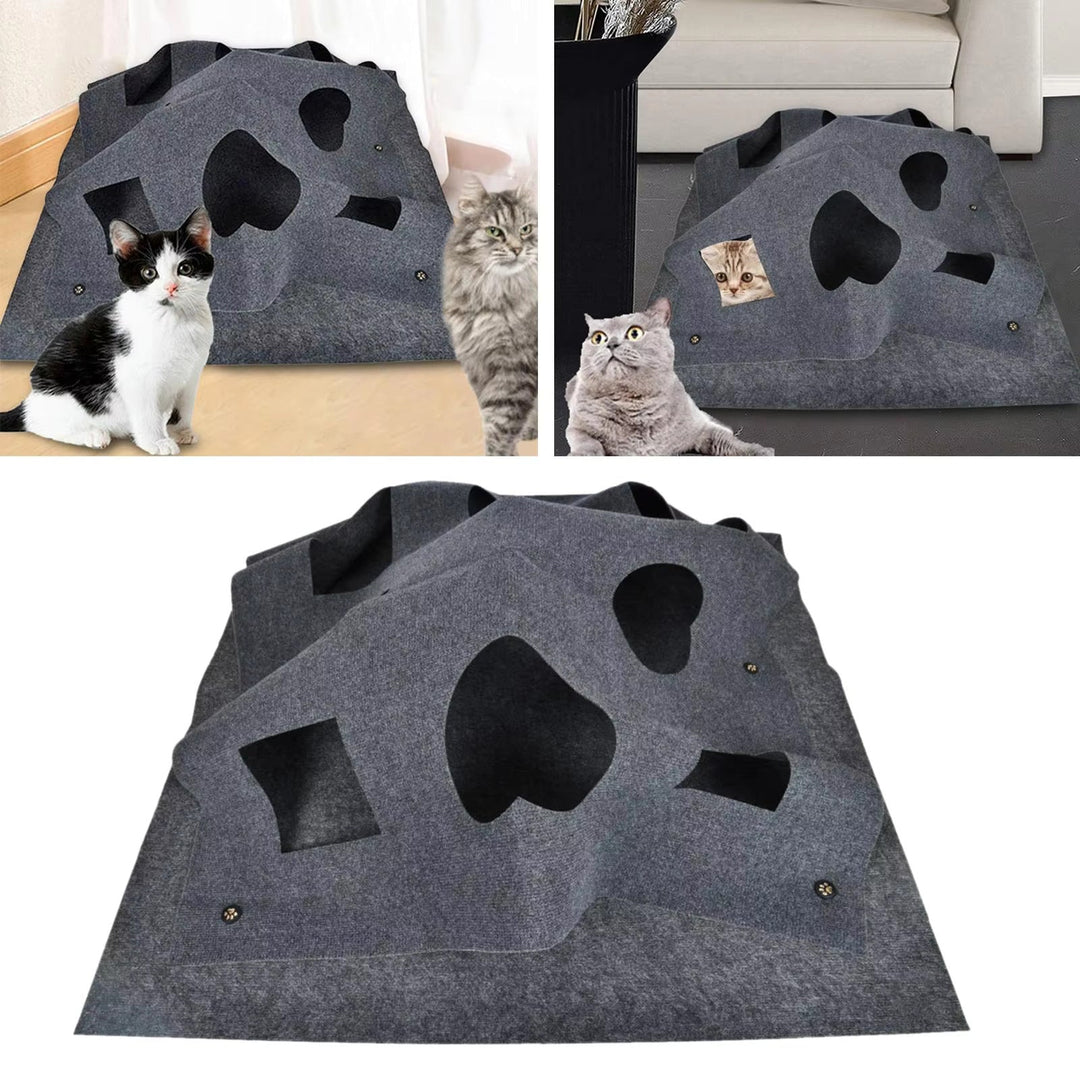 Multi-functional pet enrichment toy: grey felt play tunnel and hideaway mat for curious cats.