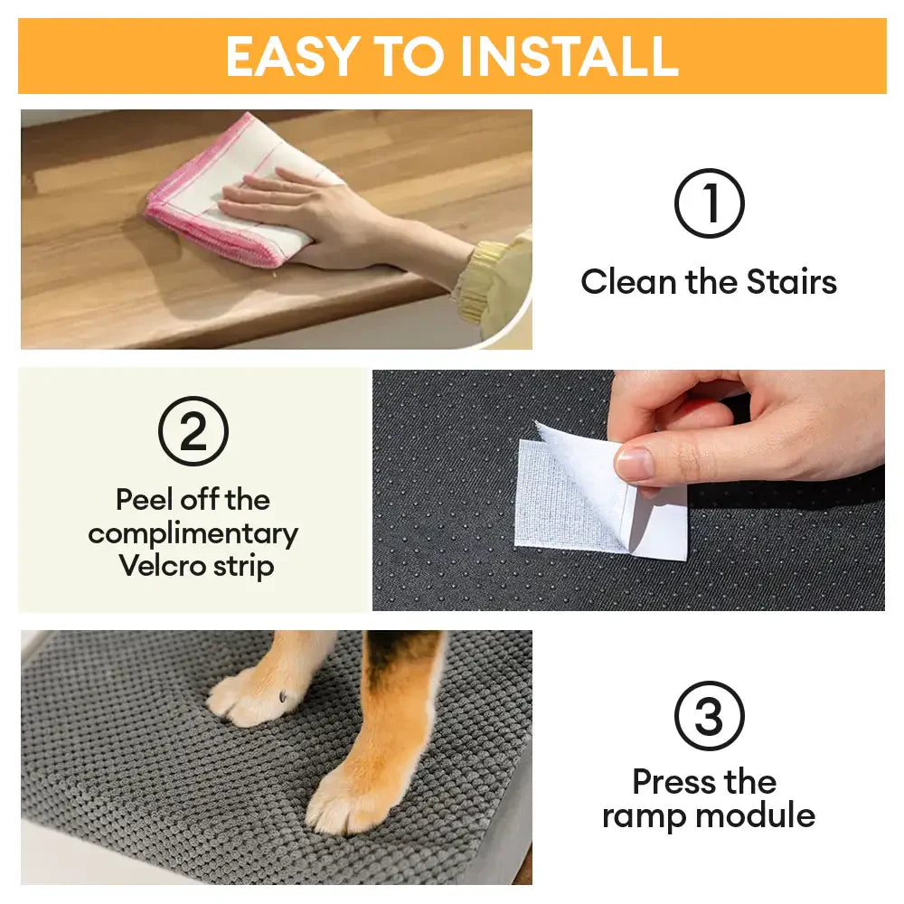 Grey dog ramp with foam steps, perfect for senior pets with joint care needs