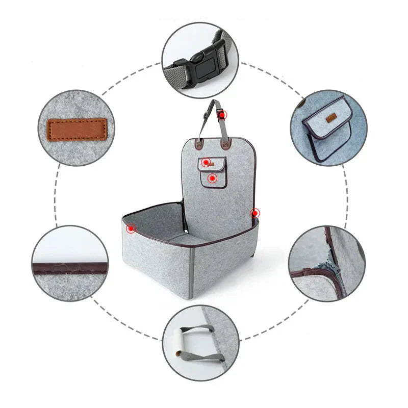 Comfortable pet car seat with adjustable fastening strap, perfect for safe dog travel.