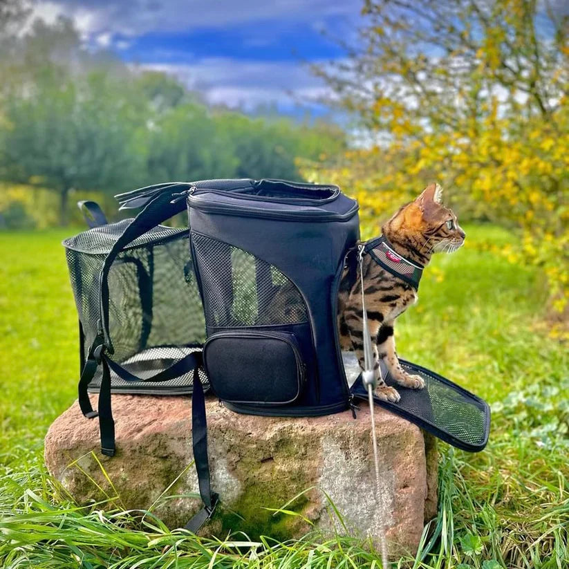 Portable pet carrier backpack with side mesh ventilation and viewing window for comfortable pet travel.