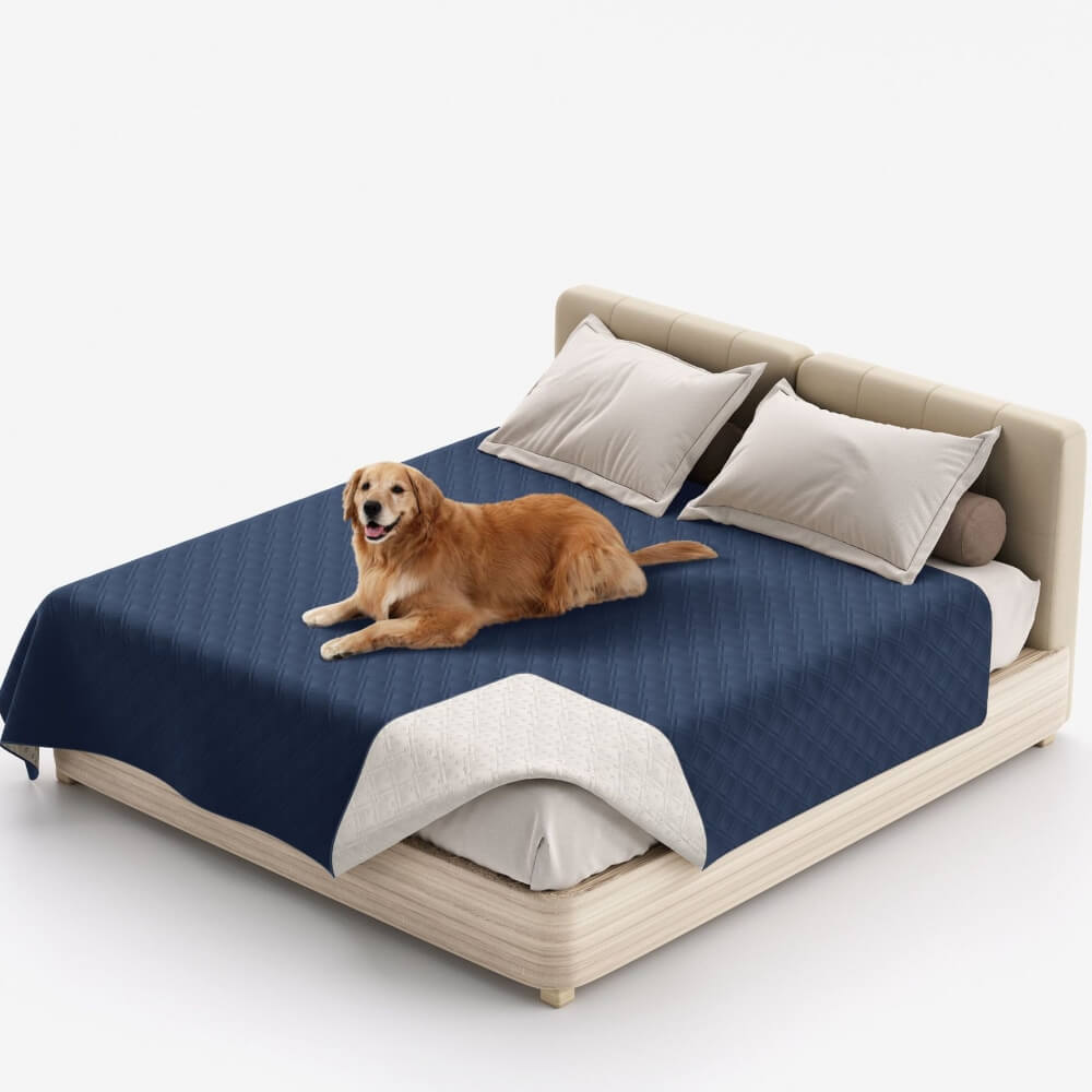 Overhead view of a pet blanket acting as a full furniture protector flat sheet on a bed.