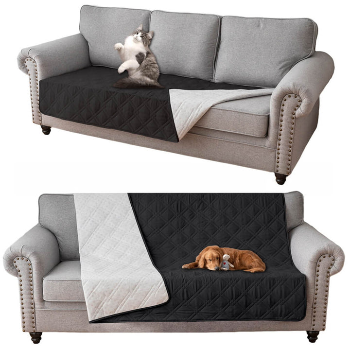 Cat lounging on a white pet blanket furniture protector, waterproof flat sheet design.