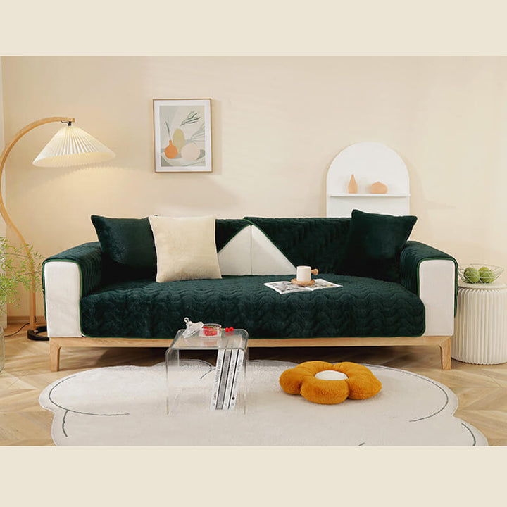 Versatile plush sofa cover with non-slip backing in an elegant grey wave pattern