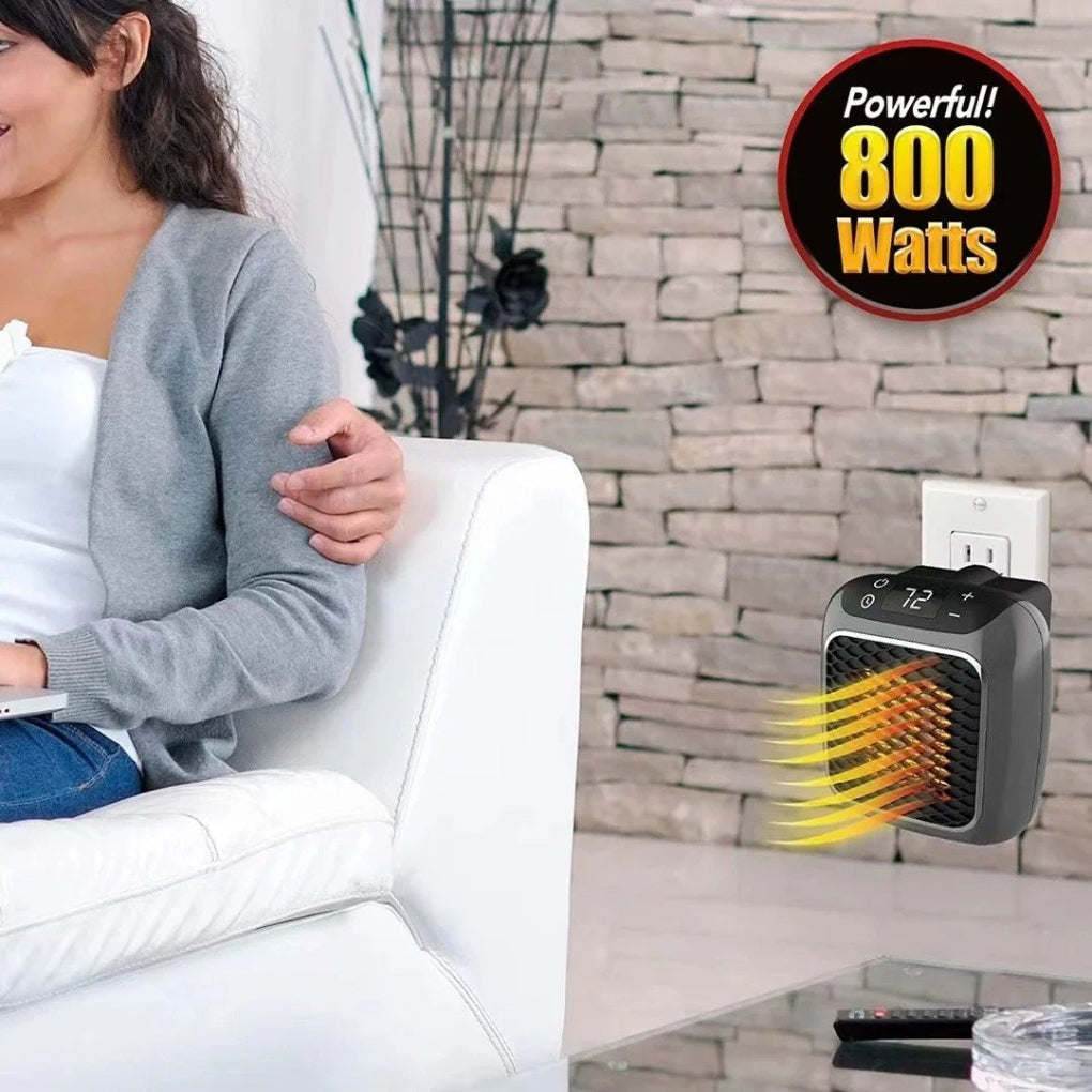 Efficient grey portable electric heater with remote control, providing warmth for any room.