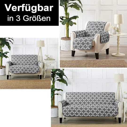 Hand adjusting a patterned sofa throw, a stylish and functional pet-friendly cover