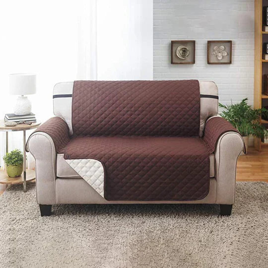 Before and after image of a sofa with and without the protective slipcover, spill-proof