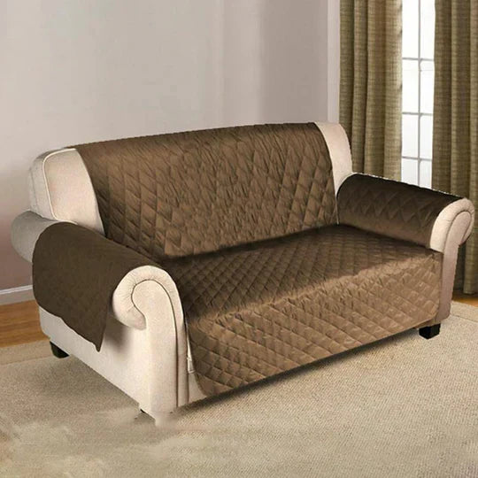 Living room interior with a modern sofa and a grey protective slipcover, home decor