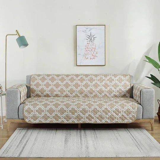 Water-resistant sofa cover in beige, easy-to-clean pet-friendly living room decor