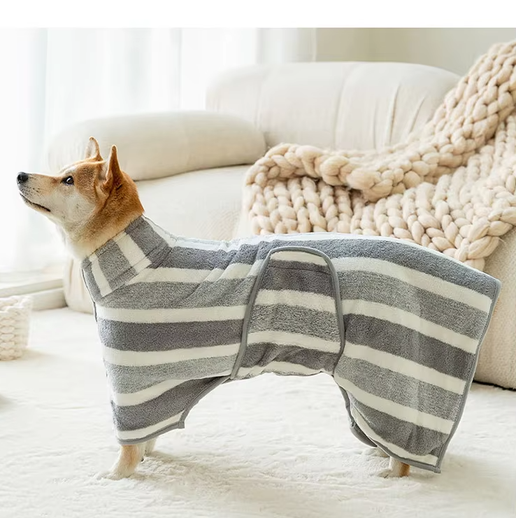 Grey striped microfiber dog bathrobe for quick drying after bath, super absorbent pet accessory