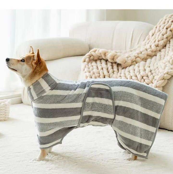 Grey striped microfiber dog bathrobe for quick drying after bath, super absorbent pet accessory