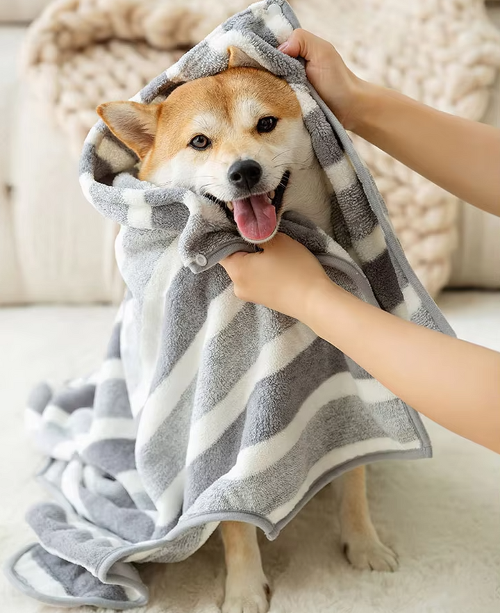 Super absorbent microfiber dog bathrobe in grey stripes, perfect for pet drying towel