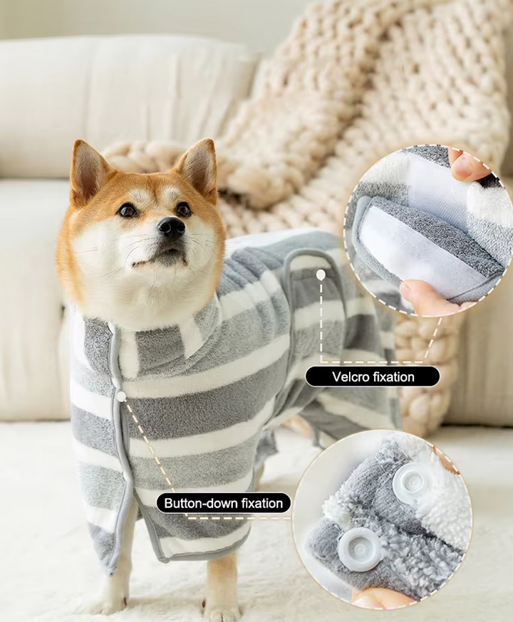 Closeup of soft grey striped microfiber material of a dog drying bathrobe, pet accessory