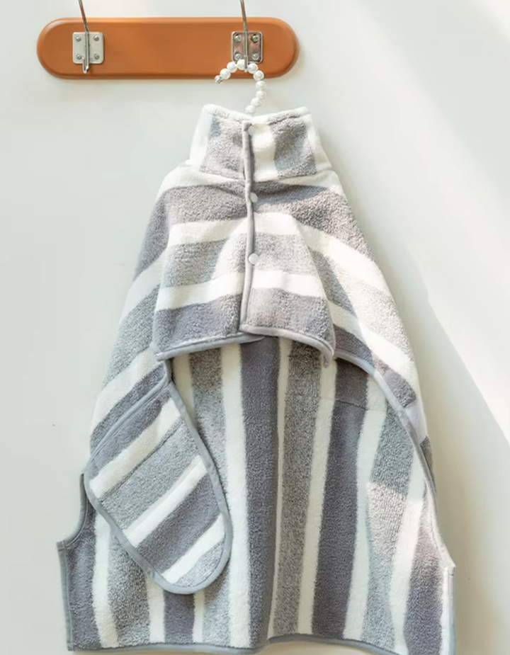 Grey striped super absorbent microfiber dog bathrobe, essential pet care accessory for quick drying