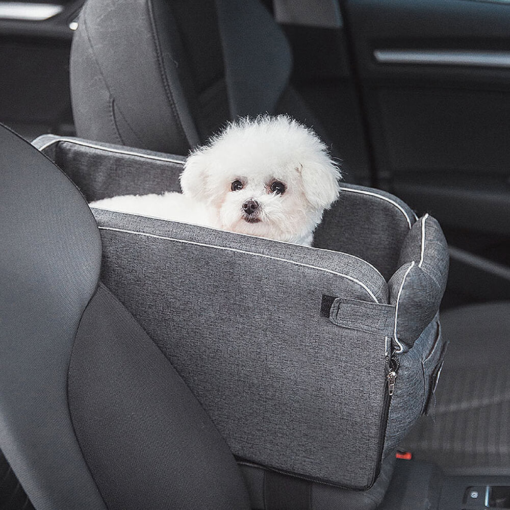 Dog car seat with soft suede finish, elevated for small dogs to see out.