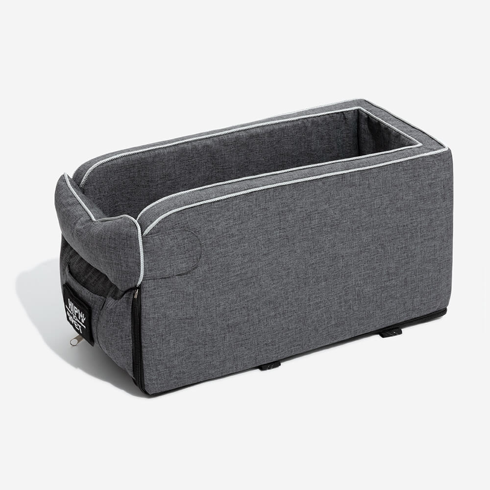 Dog travel accessory: grey suede console car seat for secure and elevated riding