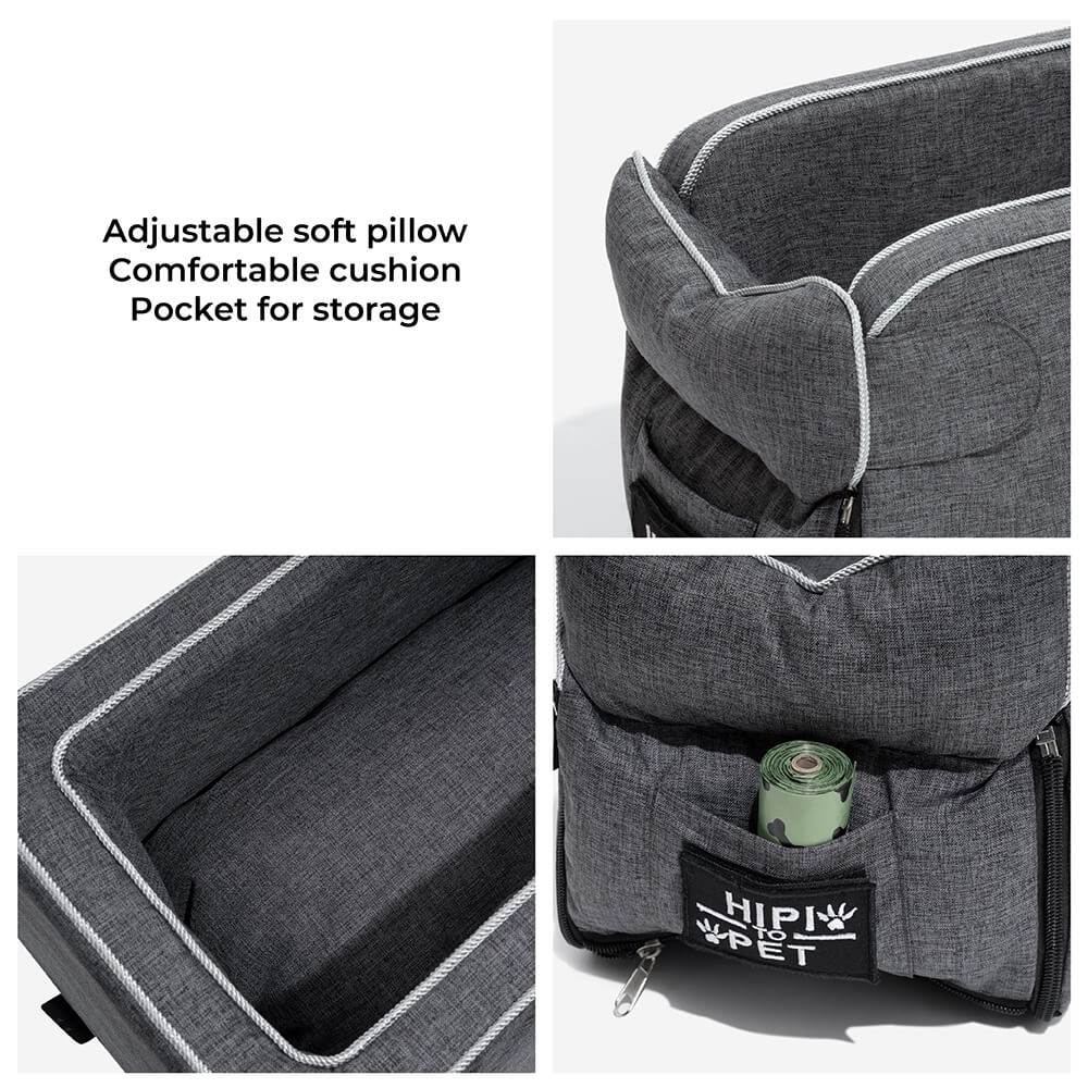 Dog console car seat, soft grey suede, safely secured in vehicle